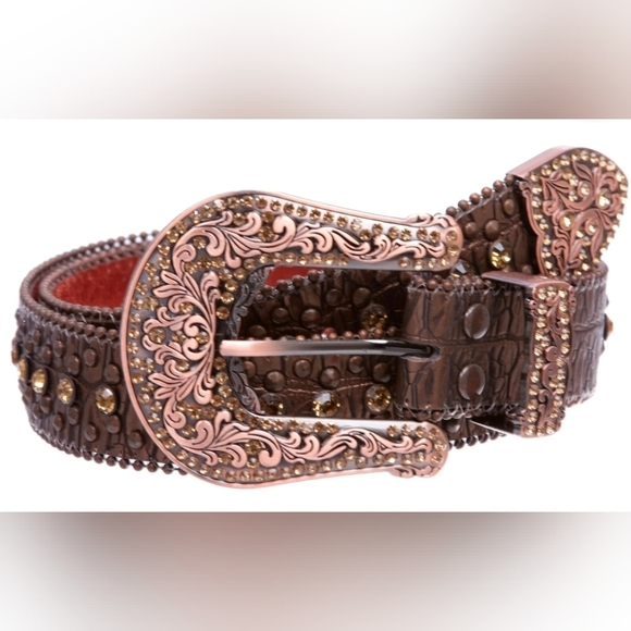 Western Cowgirl Faux Alligator Rhinestone Studded Leather Belt Size L main image 4